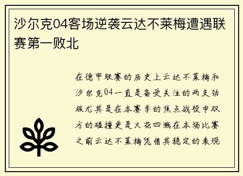 沙尔克04客场逆袭云达不莱梅遭遇联赛第一败北
